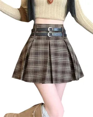 SANGTREE Women's Plaid Mini Skirt Double Belt Uniform Pleated Skirts