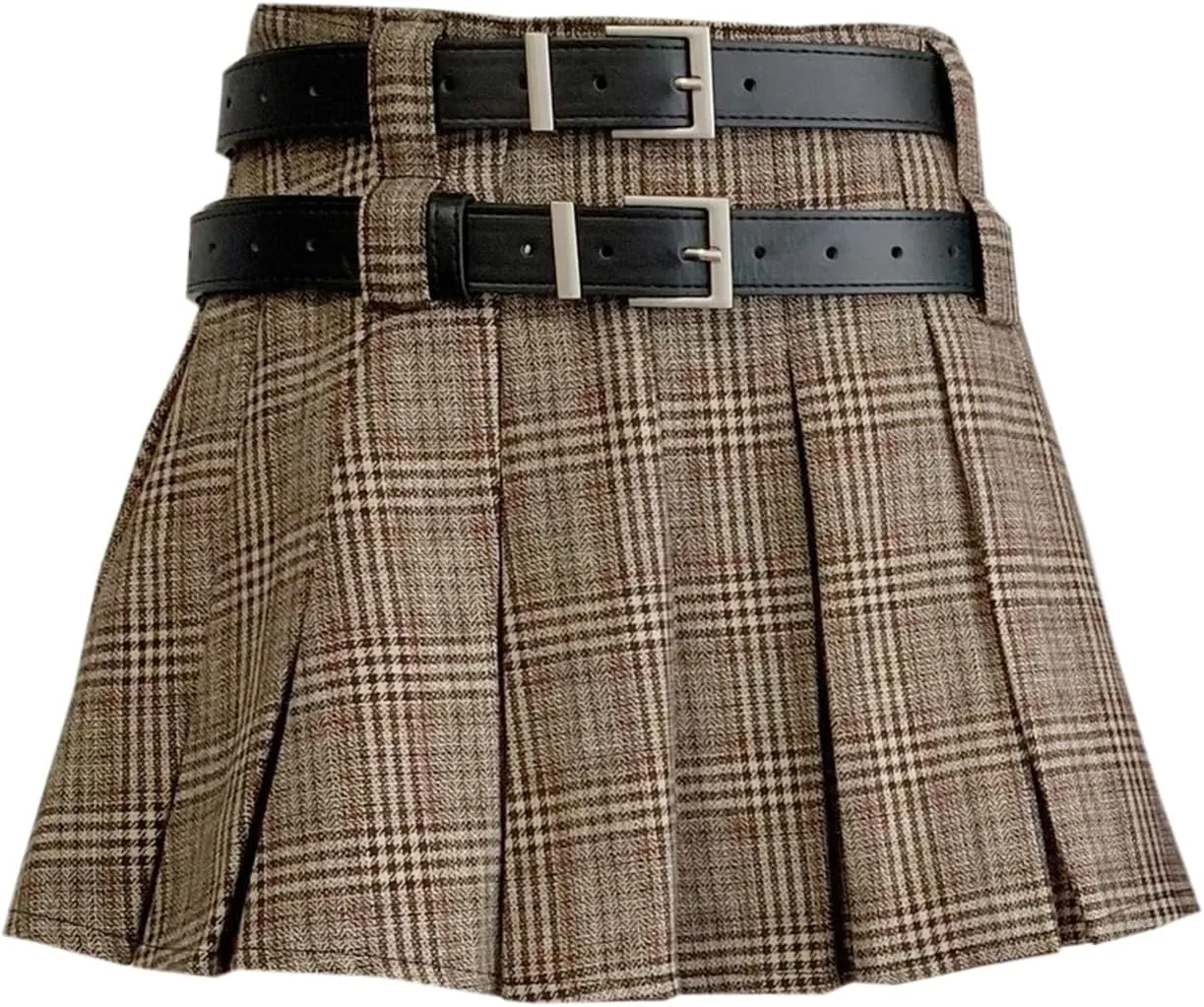 SANGTREE Women's Plaid Mini Skirt Double Belt Uniform Pleated Skirts