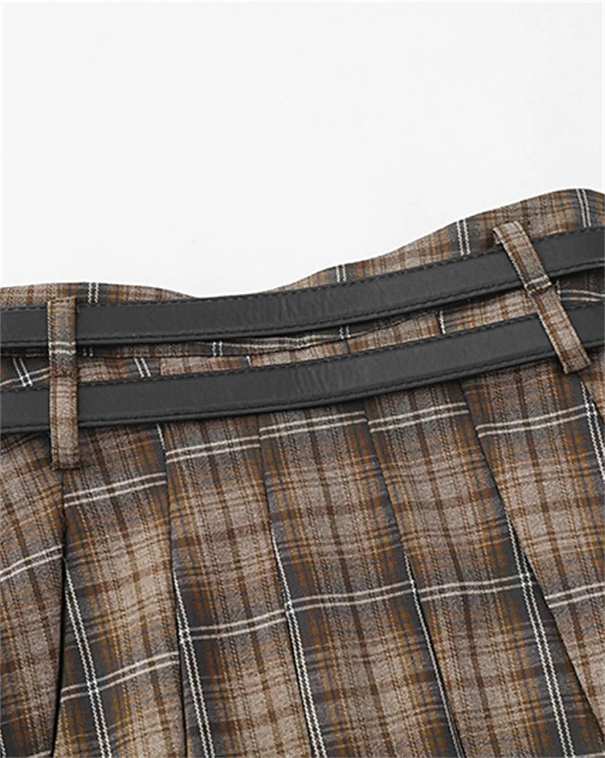 SANGTREE Women's Plaid Mini Skirt Double Belt Uniform Pleated Skirts