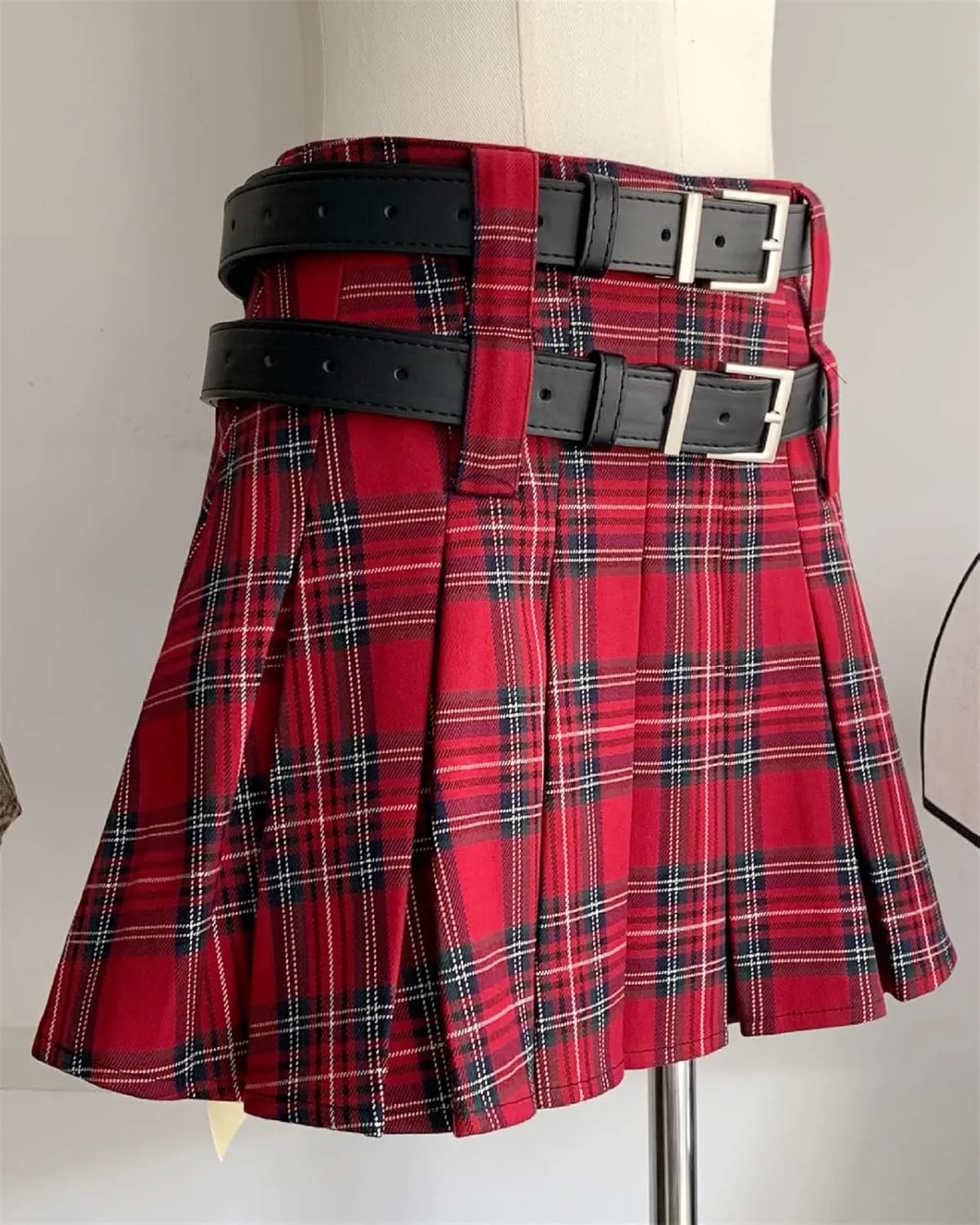 SANGTREE Women's Plaid Mini Skirt Double Belt Uniform Pleated Skirts
