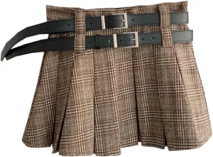SANGTREE Women's Plaid Mini Skirt Double Belt Uniform Pleated Skirts