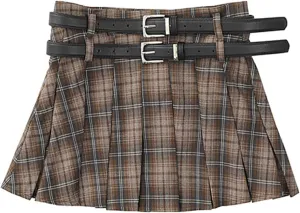 SANGTREE Women's Plaid Mini Skirt Double Belt Uniform Pleated Skirts