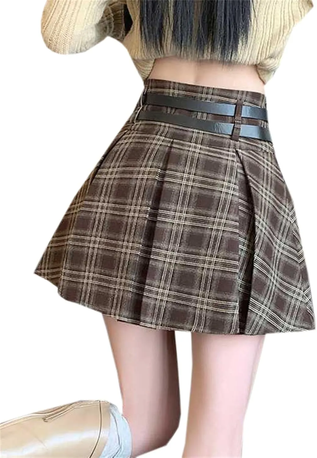 SANGTREE Women's Plaid Mini Skirt Double Belt Uniform Pleated Skirts
