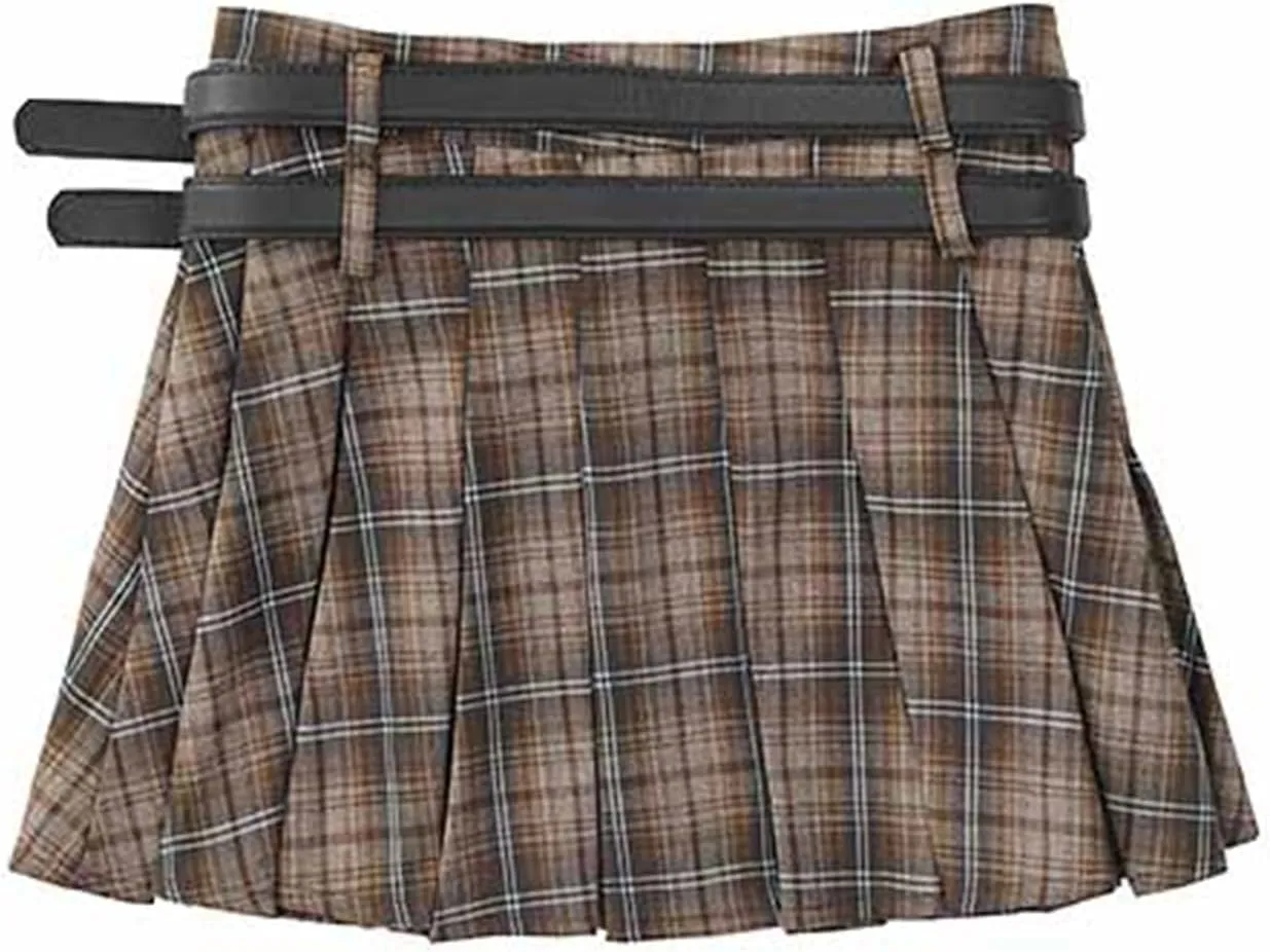 SANGTREE Women's Plaid Mini Skirt Double Belt Uniform Pleated Skirts