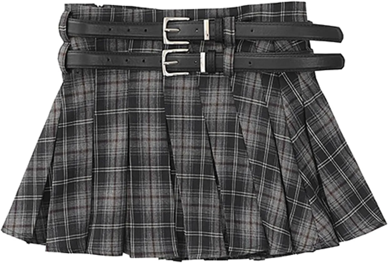SANGTREE Women's Plaid Mini Skirt Double Belt Uniform Pleated Skirts
