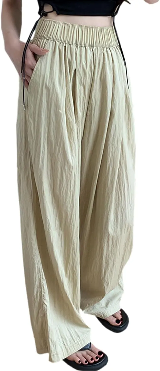 SANGTREE Women's Wide Leg Pants Elastic High Waist Straight Casual Trousers