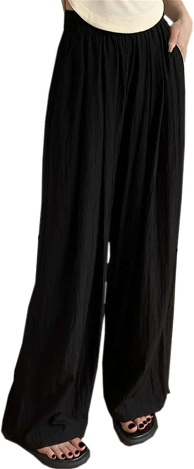 SANGTREE Women's Wide Leg Pants Elastic High Waist Straight Casual Trousers