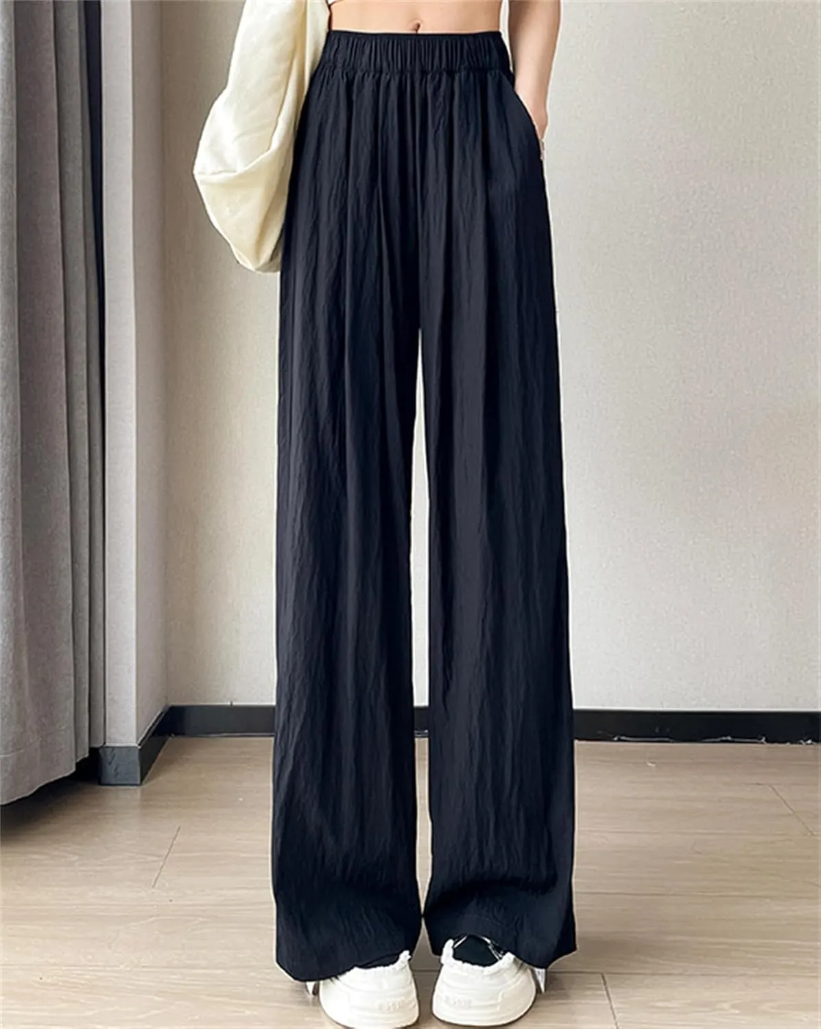 SANGTREE Women's Wide Leg Pants Elastic High Waist Straight Casual Trousers
