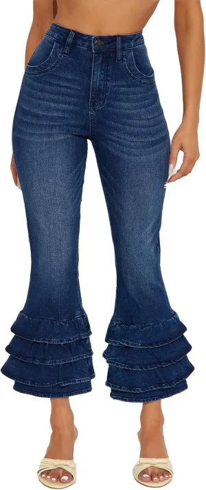 SCOFEEL Women's High Waist Jeans Stretch Skinny Leg Capri Pants Ruffled Hem Flare Denim Pants