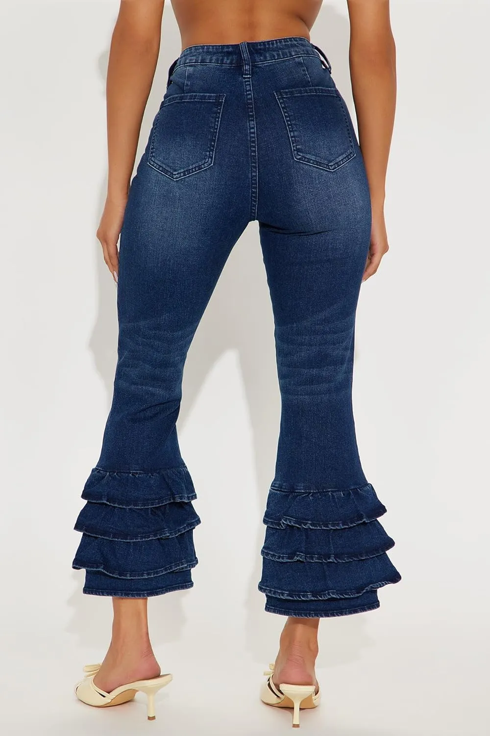SCOFEEL Women's High Waist Jeans Stretch Skinny Leg Capri Pants Ruffled Hem Flare Denim Pants