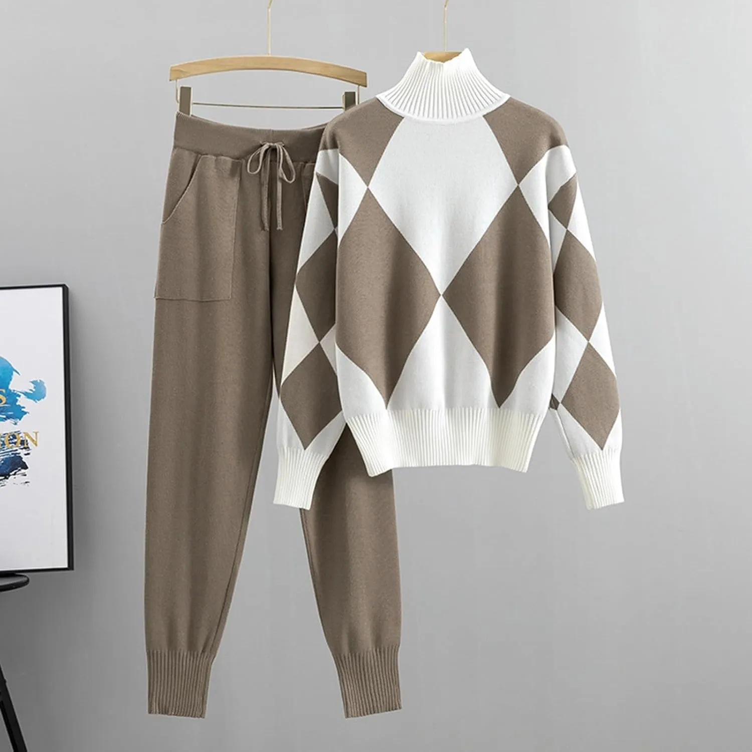 sdbrld Lounge Sets for Women,Womens Lounge Sets 2 Piece Outfits Long Sleeve Irregular V Neck Cozy Knit Sweater and Pants Sets