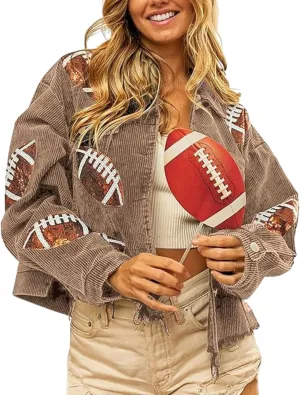 SeekMe Women's Cropped Corduroy Jacket Football Sequin Patched Short Button Raw Hem Jacket Coat