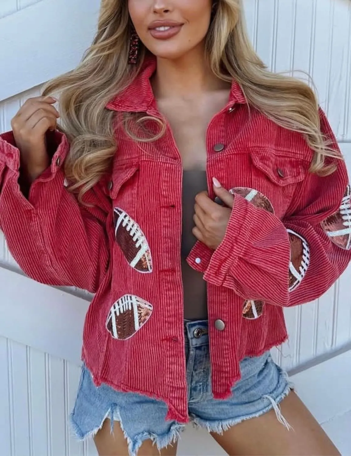 SeekMe Women's Cropped Corduroy Jacket Football Sequin Patched Short Button Raw Hem Jacket Coat