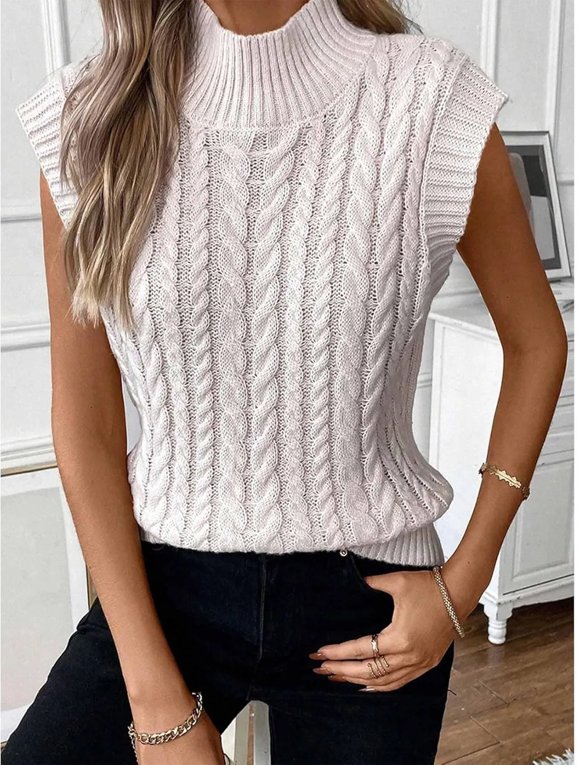 SEMATOMALA Women's Cable Knit Cap Sleeve Sweater Twist Knit Mock Neck Summer Sweater Vest Tank Top
