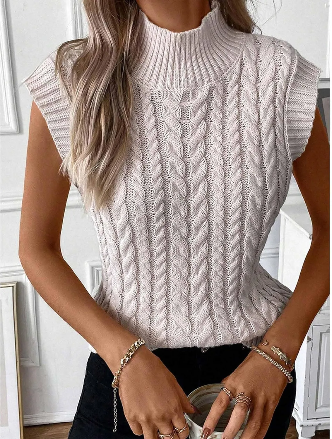 SEMATOMALA Women's Cable Knit Cap Sleeve Sweater Twist Knit Mock Neck Summer Sweater Vest Tank Top