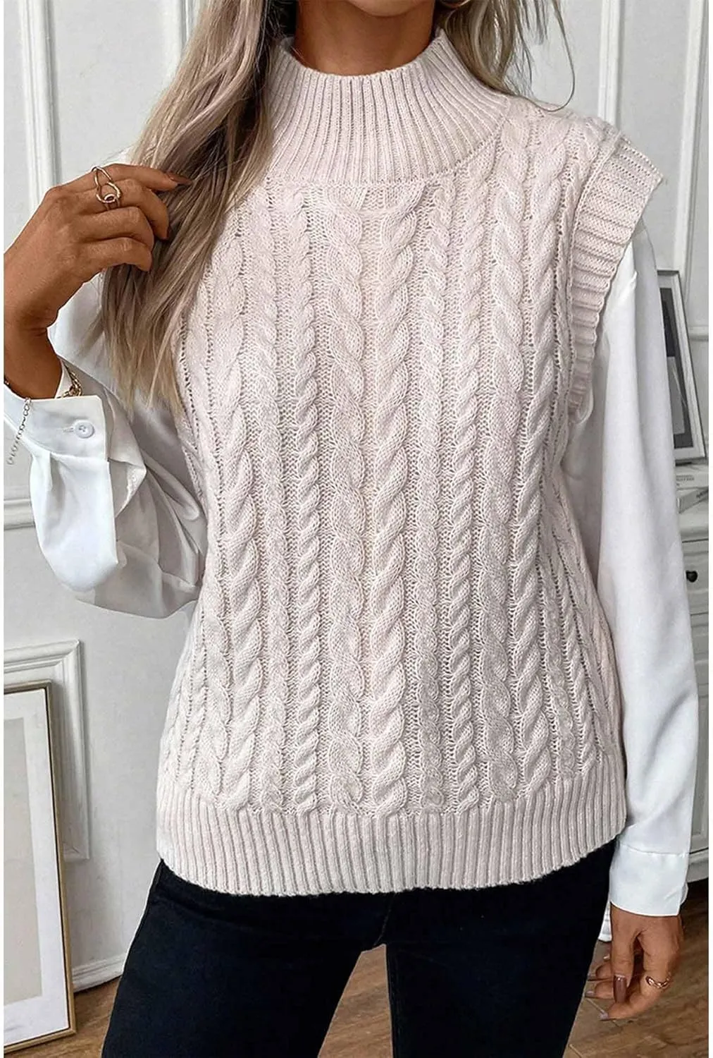 SEMATOMALA Women's Cable Knit Cap Sleeve Sweater Twist Knit Mock Neck Summer Sweater Vest Tank Top