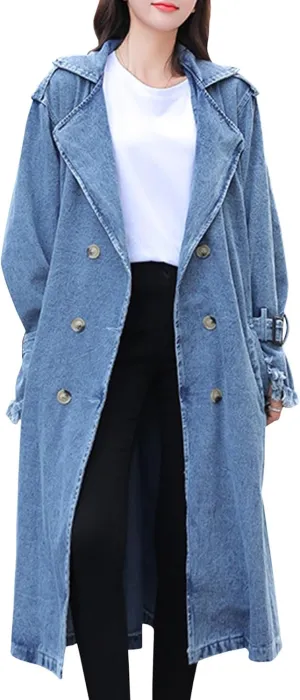 SEMATOMALA Women's Double Breasted Notched Lapel Denim Long Trench Coat Oversized Loose Maxi Jean Jacket