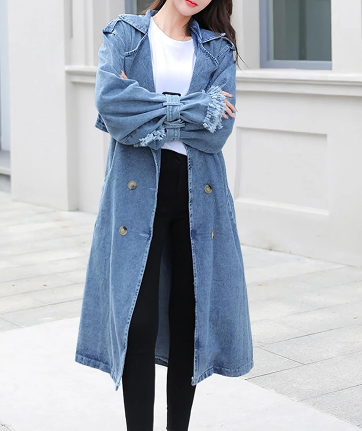 SEMATOMALA Women's Double Breasted Notched Lapel Denim Long Trench Coat Oversized Loose Maxi Jean Jacket