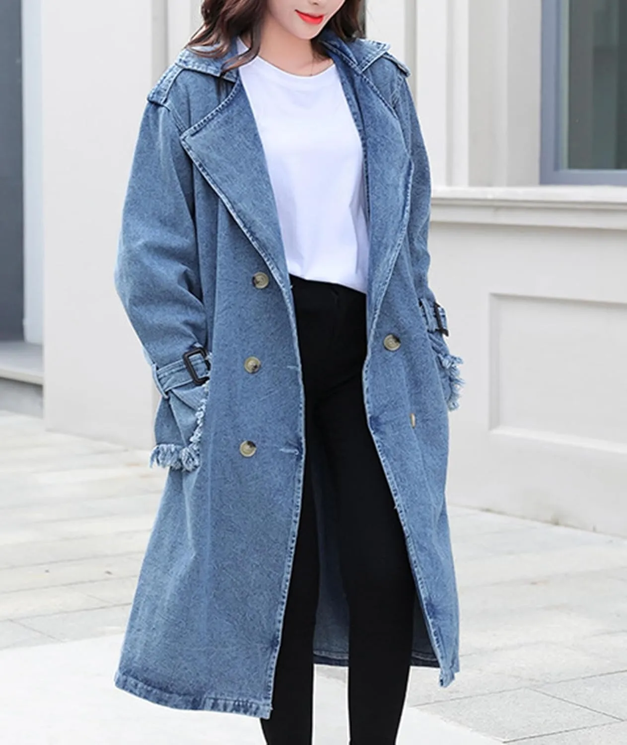 SEMATOMALA Women's Double Breasted Notched Lapel Denim Long Trench Coat Oversized Loose Maxi Jean Jacket