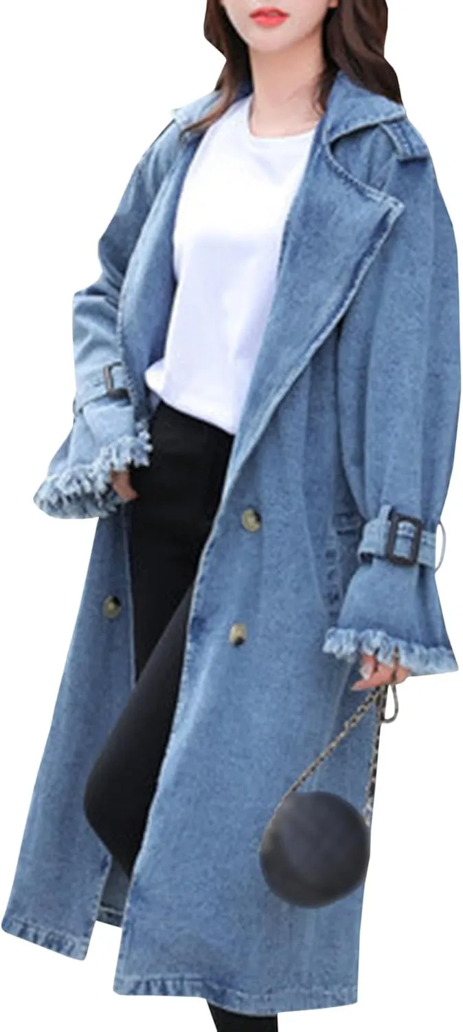 SEMATOMALA Women's Double Breasted Notched Lapel Denim Long Trench Coat Oversized Loose Maxi Jean Jacket