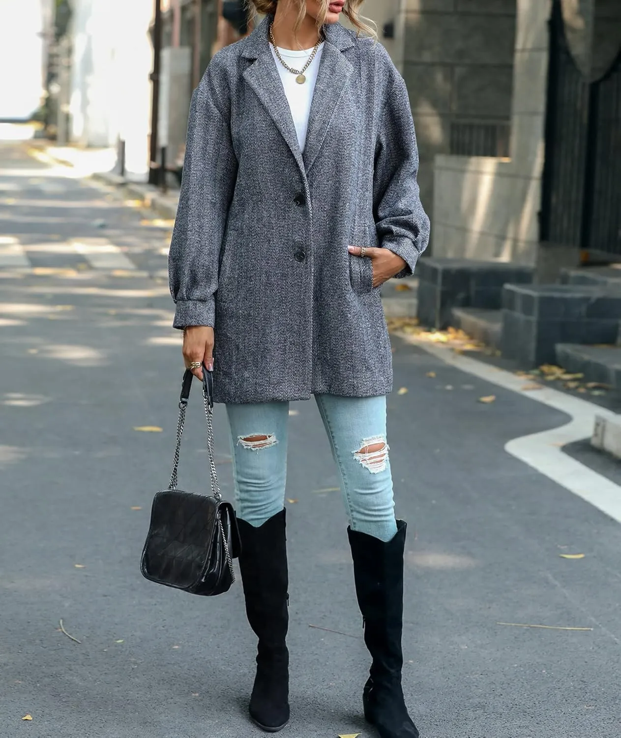 SEMATOMALA Women's Notched Lapel Pea Coats Single Breasted Winter Wool Blend Gray Long Jackets Outerwear