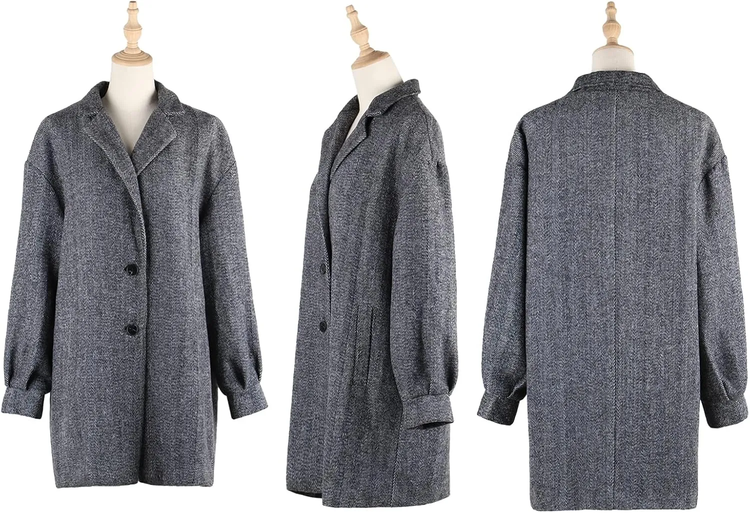 SEMATOMALA Women's Notched Lapel Pea Coats Single Breasted Winter Wool Blend Gray Long Jackets Outerwear