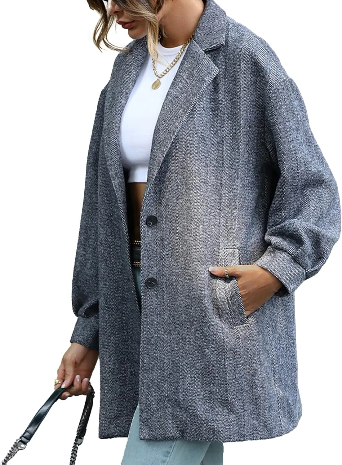 SEMATOMALA Women's Notched Lapel Pea Coats Single Breasted Winter Wool Blend Gray Long Jackets Outerwear