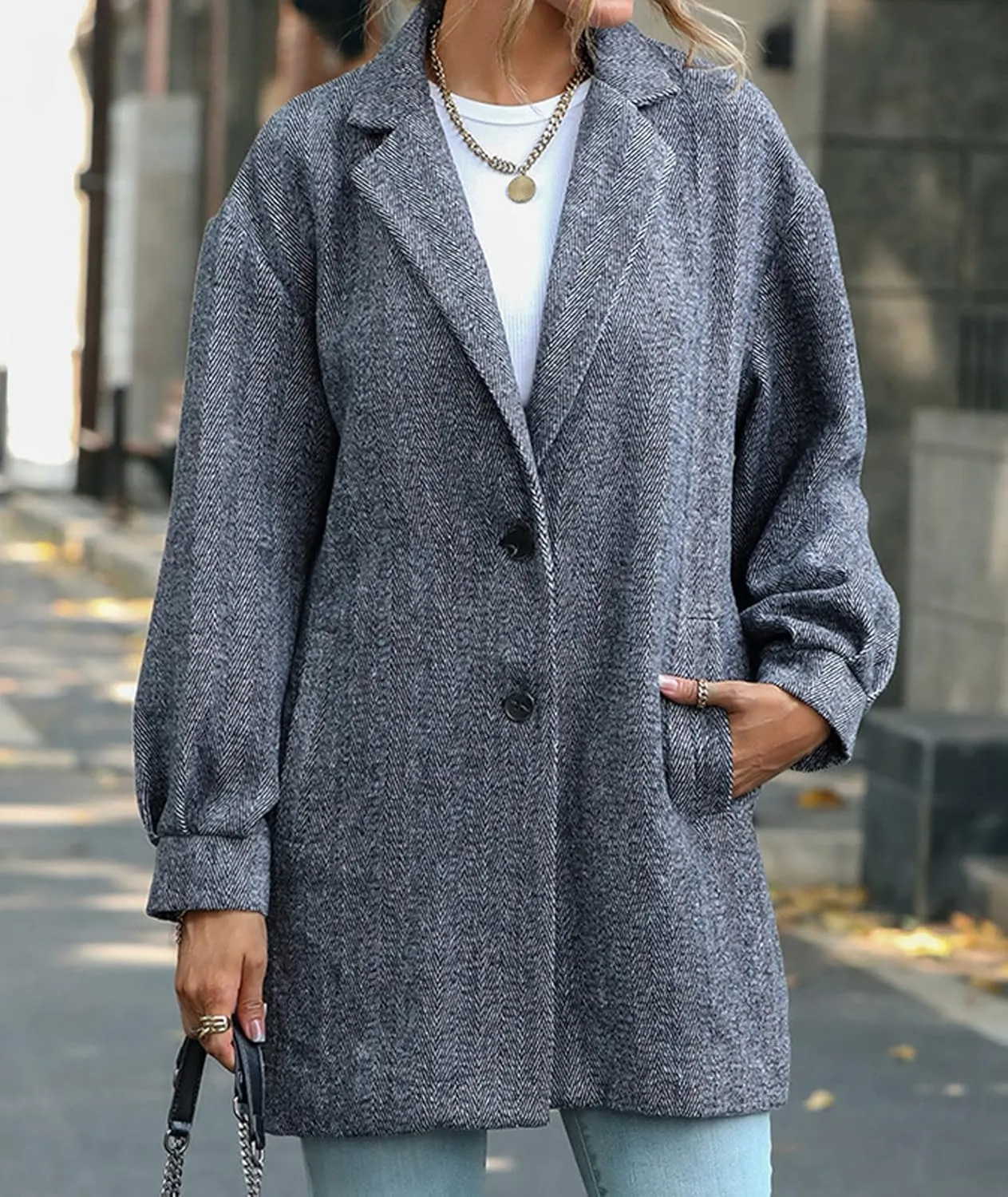 SEMATOMALA Women's Notched Lapel Pea Coats Single Breasted Winter Wool Blend Gray Long Jackets Outerwear
