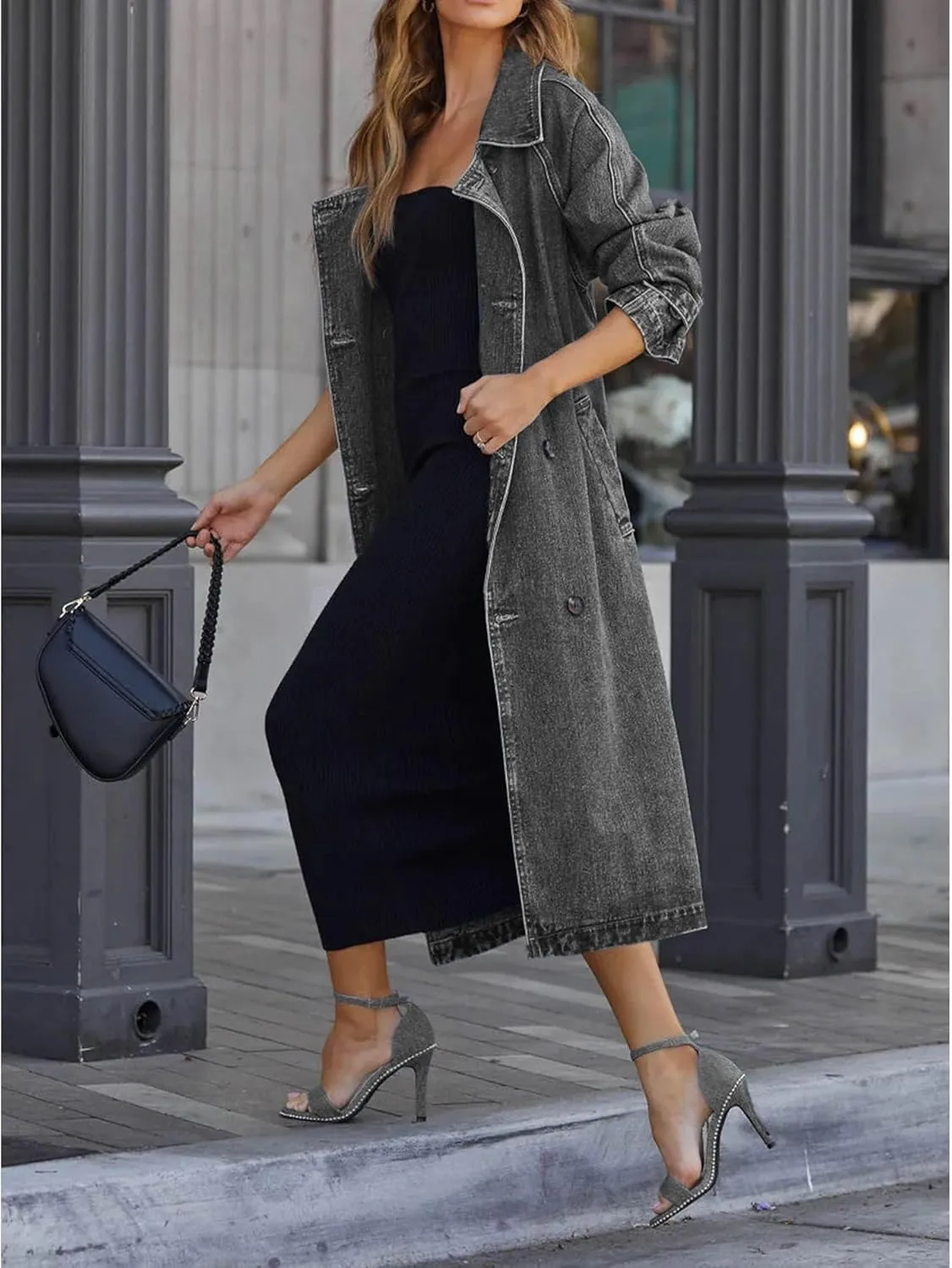 SEMATOMALA Women's Oversized Denim Trench Coat Double Breasted Long Jean Jacket Vintage Lapel Maxi Outwear with Belt