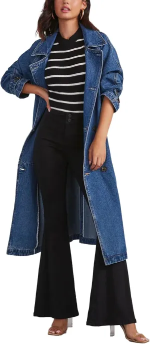 SEMATOMALA Women's Oversized Denim Trench Coat Double Breasted Long Jean Jacket Vintage Lapel Maxi Outwear with Belt