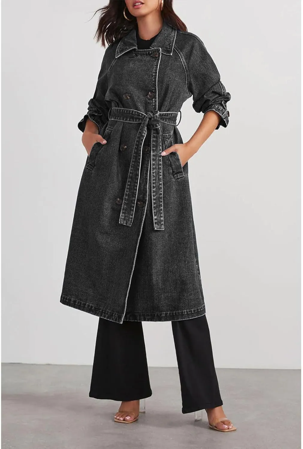 SEMATOMALA Women's Oversized Denim Trench Coat Double Breasted Long Jean Jacket Vintage Lapel Maxi Outwear with Belt