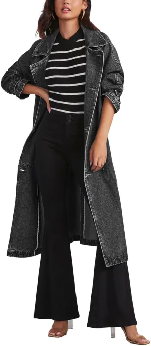 SEMATOMALA Women's Oversized Denim Trench Coat Double Breasted Long Jean Jacket Vintage Lapel Maxi Outwear with Belt