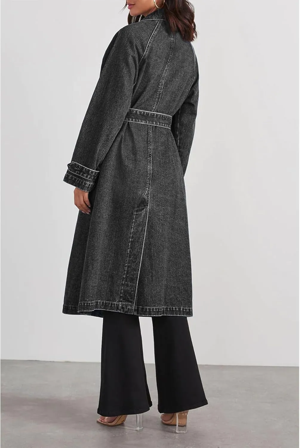 SEMATOMALA Women's Oversized Denim Trench Coat Double Breasted Long Jean Jacket Vintage Lapel Maxi Outwear with Belt