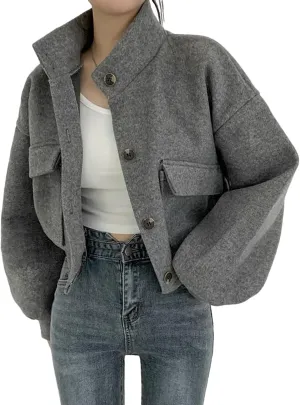 SEMATOMALA Women's Wool Blend Cropped Jacket Mock Neck Button Down Oversized Short Coat Outerwear