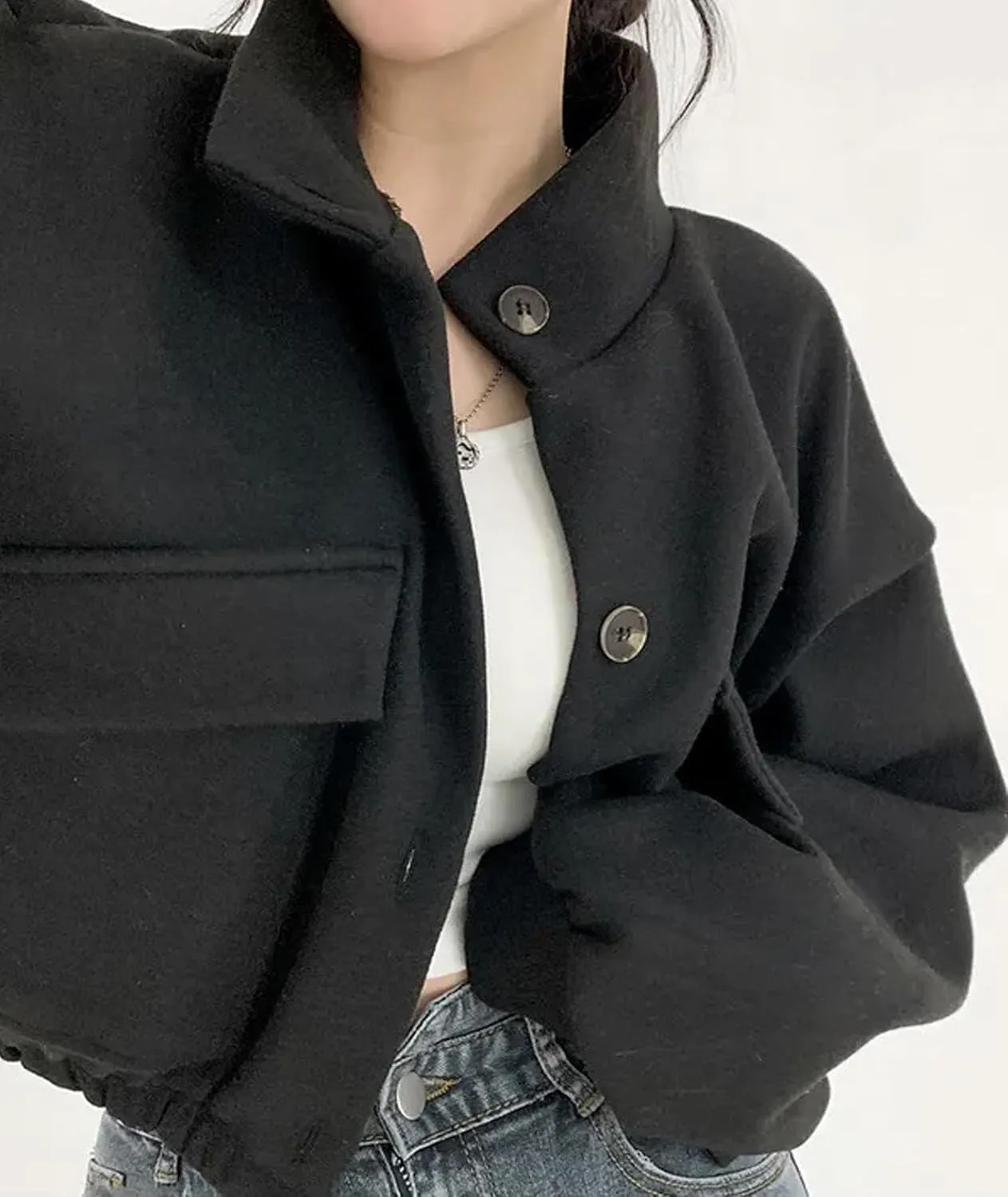 SEMATOMALA Women's Wool Blend Cropped Jacket Mock Neck Button Down Oversized Short Coat Outerwear
