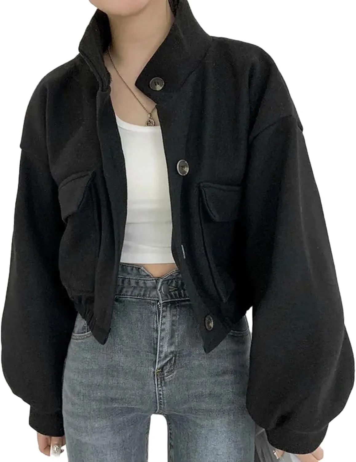 SEMATOMALA Women's Wool Blend Cropped Jacket Mock Neck Button Down Oversized Short Coat Outerwear