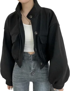 SEMATOMALA Women's Wool Blend Cropped Jacket Mock Neck Button Down Oversized Short Coat Outerwear