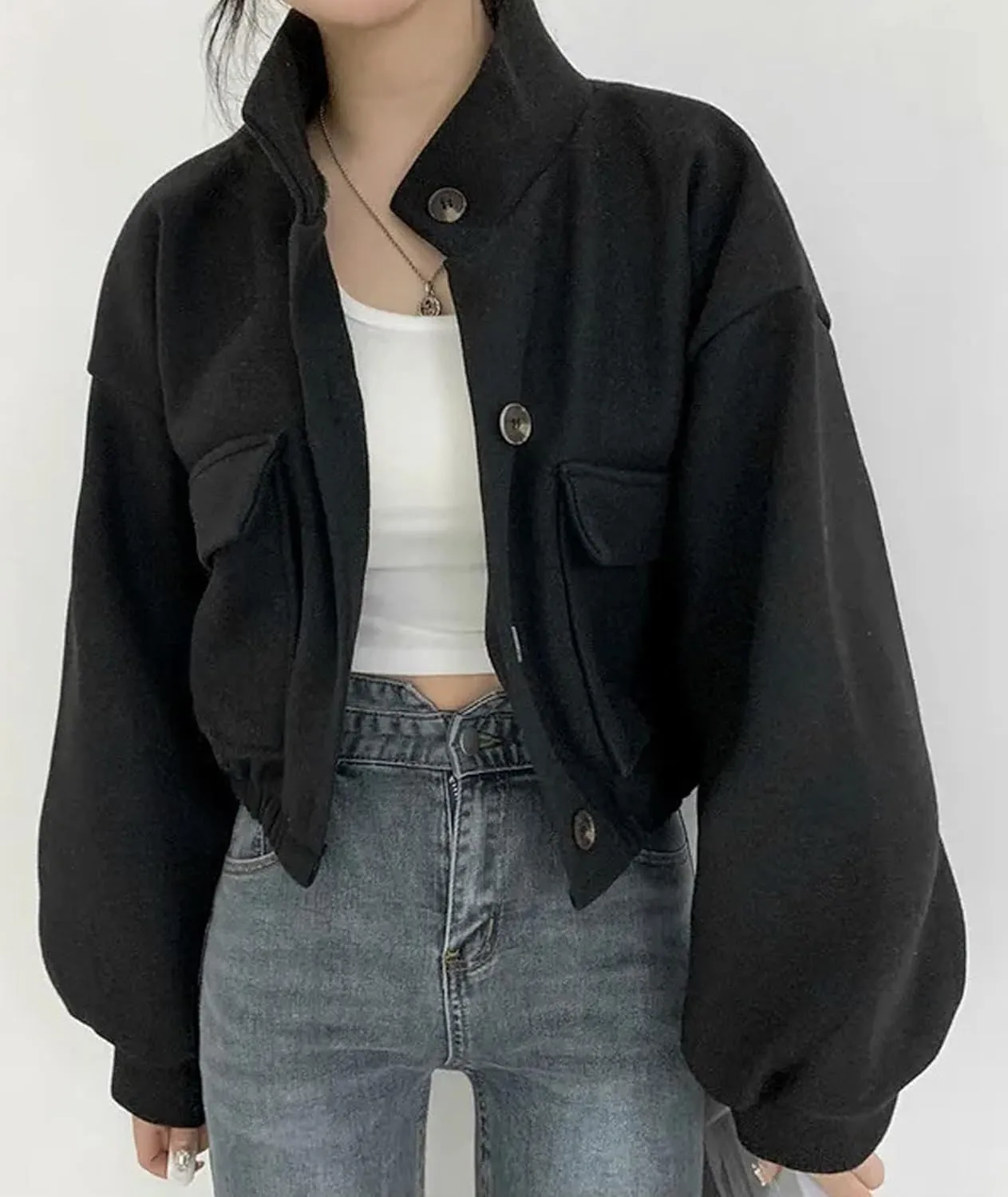 SEMATOMALA Women's Wool Blend Cropped Jacket Mock Neck Button Down Oversized Short Coat Outerwear