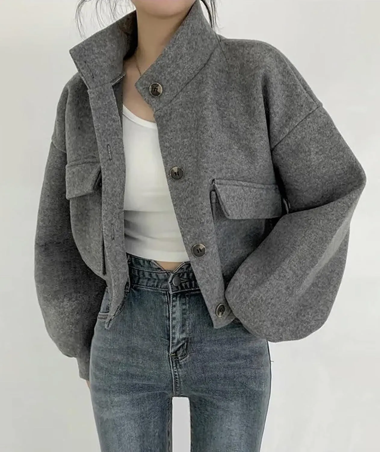 SEMATOMALA Women's Wool Blend Cropped Jacket Mock Neck Button Down Oversized Short Coat Outerwear