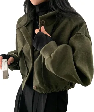 SEMATOMALA Women's Wool Blend Cropped Jacket Mock Neck Button Down Oversized Short Coat Outerwear