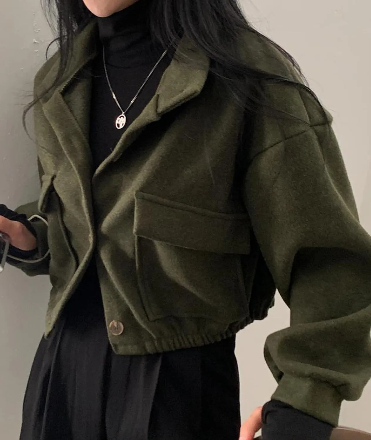 SEMATOMALA Women's Wool Blend Cropped Jacket Mock Neck Button Down Oversized Short Coat Outerwear