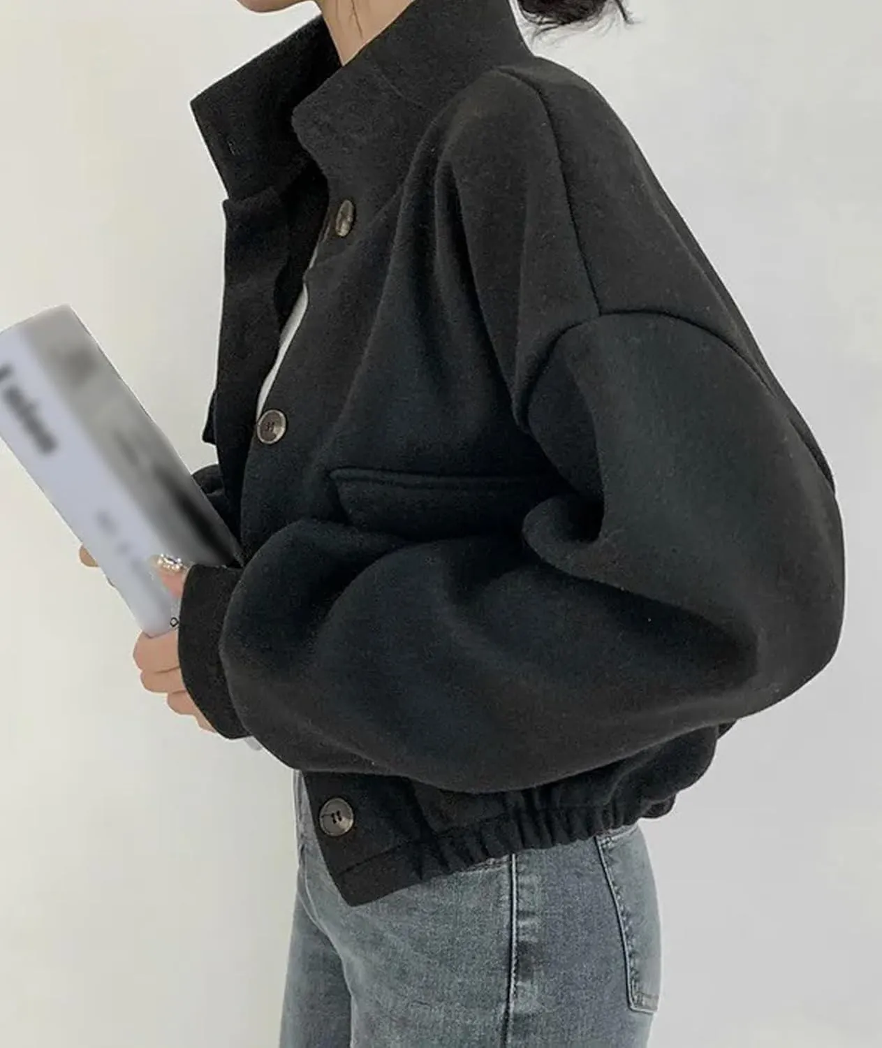SEMATOMALA Women's Wool Blend Cropped Jacket Mock Neck Button Down Oversized Short Coat Outerwear
