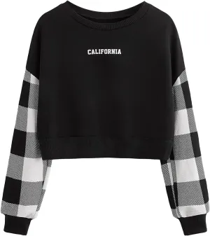 SHENHE Girl's Plaid Long Sleeve Crewneck Graphic Color Block Cropped Sweatshirt Tops