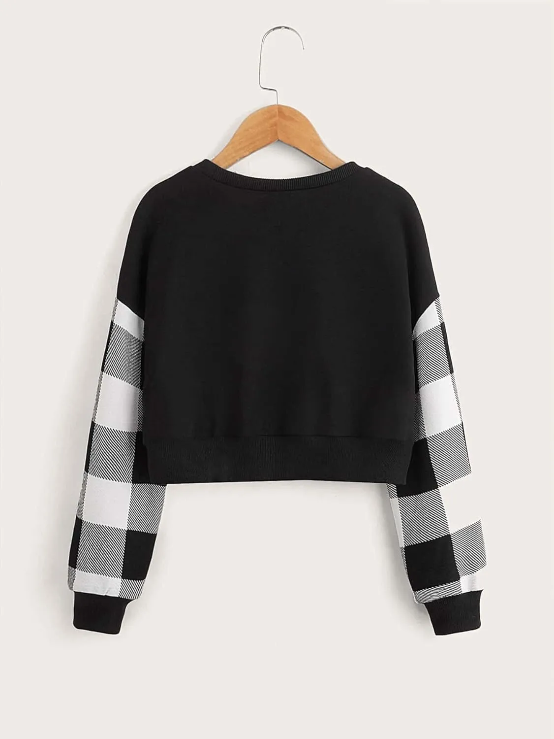 SHENHE Girl's Plaid Long Sleeve Crewneck Graphic Color Block Cropped Sweatshirt Tops