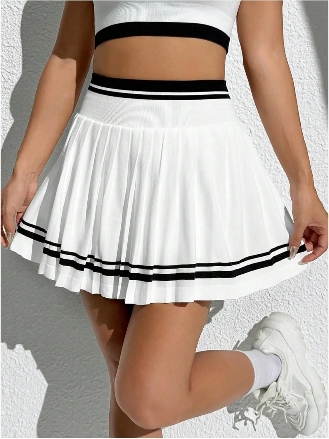 SHENHE Women's Pleated Mini Tennis Skirts Striped A Line High Waisted Workout Golf Skirts