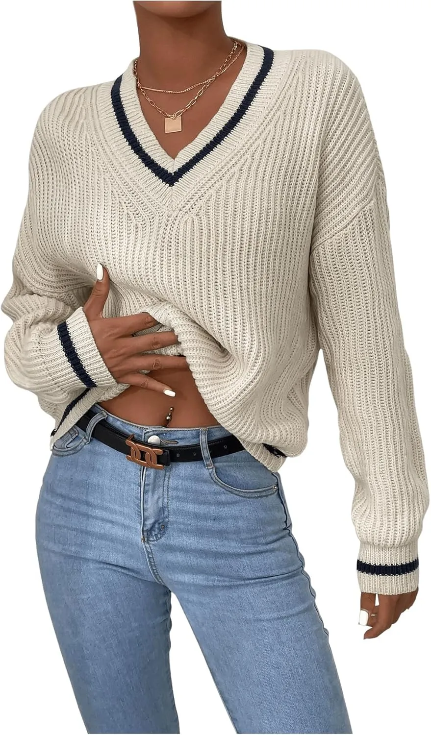 SHENHE Women's V Neck Ribbed Knit Long Sleeve Drop Shoulder Pullover Sweater Tops