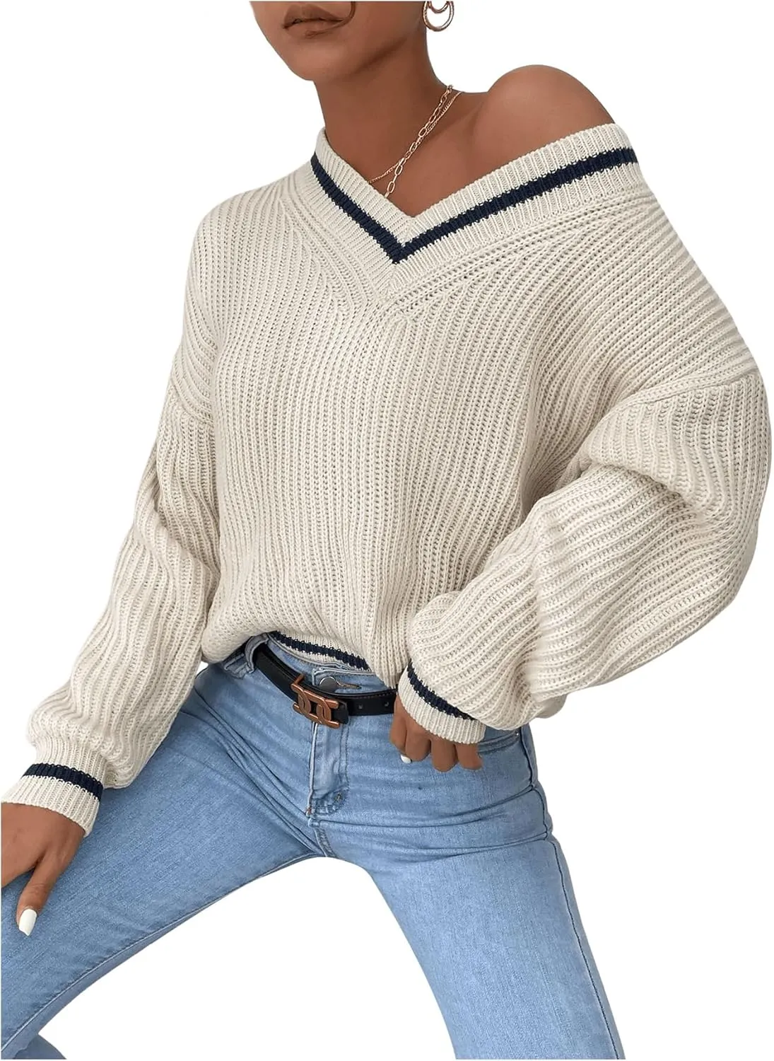 SHENHE Women's V Neck Ribbed Knit Long Sleeve Drop Shoulder Pullover Sweater Tops