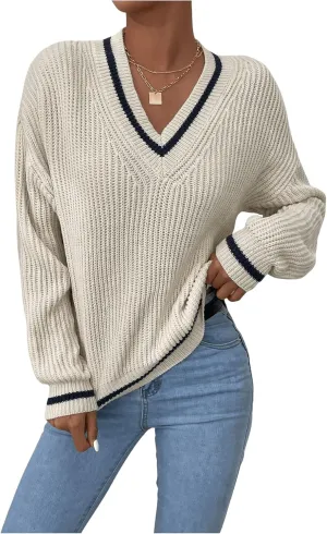 SHENHE Women's V Neck Ribbed Knit Long Sleeve Drop Shoulder Pullover Sweater Tops