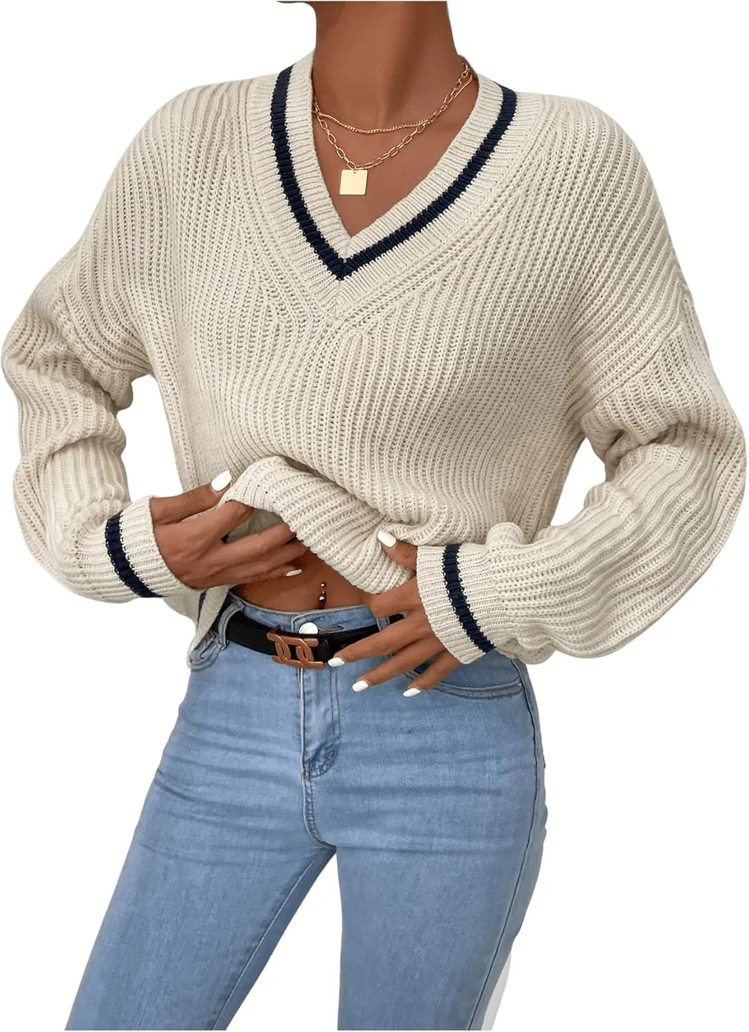 SHENHE Women's V Neck Ribbed Knit Long Sleeve Drop Shoulder Pullover Sweater Tops