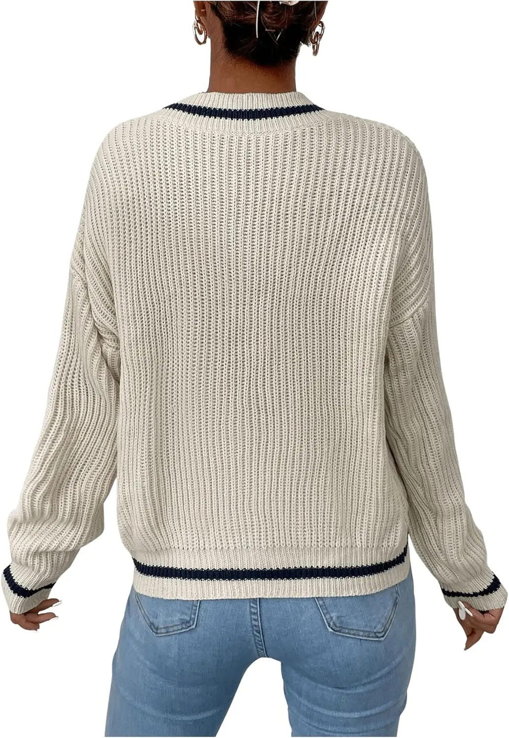 SHENHE Women's V Neck Ribbed Knit Long Sleeve Drop Shoulder Pullover Sweater Tops